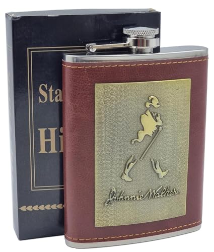 Image of JWPM Stainless Steel Hip Flask with Funnel 8 Oz (236 ml) I Stitched PU Leather Cladding with Metal Plate Design Whiskey Flask I Unisex Alcoholic Drinks Holder Pocket Bottle (JWP Maroon+Funnel)