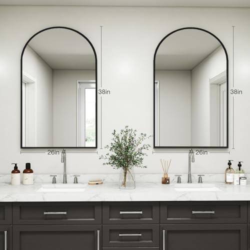 Image of DUMOS Black Metal Arch Vanity Rounded Rectangle Bathroom Mirrors for Over Sink Wall, 27x38 Inch Large Matte Mirror, Modern Decorative for Restroom, Farmhouse
