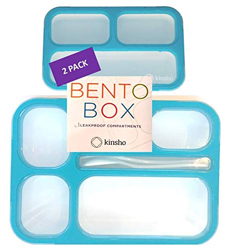 Bento-Box Lunch Box & Portion Control Snack Container Set, Leakproof Lunch-Boxes, Containers for School Meal Prep, Kids Boys Girls Adults, BPA Free, Utensils, Blue Large and MINI 2 pack
