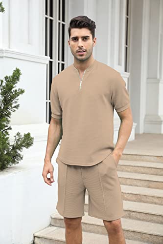 Fznhql 2 Piece Outfits Men's Two Piece Summer Tracksuit Two Piece Short Sleeve Tee Shirt And Shorts Set Casual Sweatsuit Khaki Brown Large #TOP2