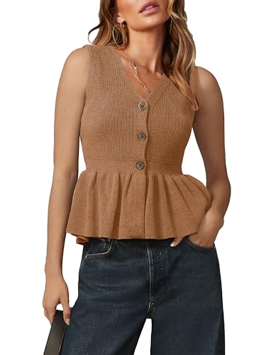 Womens 2025 Fall Winter Ruffle Hem Sweater Vests Sleeveless Peplum Cardigans Button Tank Top Knit Casual Vest Tops