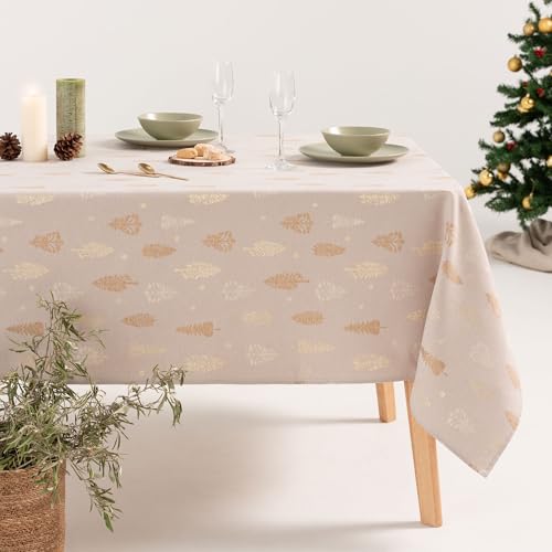 GAMUSI Mantel Navidad Floral Jacquard Hilo Dorado Mesa Comedor Rectangular Decoración Navideña 140x100 cm Color Beige