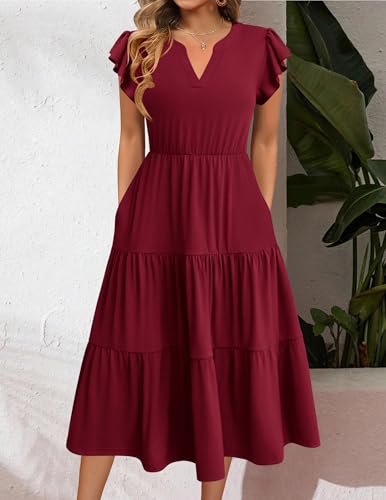 Image of ZEAGOO Womens Summer Casual Dresses Ruffle Sleeve V Neck Midi Dress Flowy Tiered Dress with Pockets Boho Sundresses