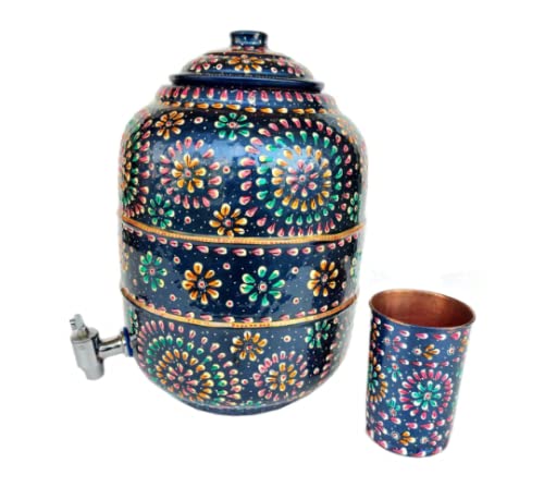 Rastogi Handicrafts Pure Copper Hammered Water Storage Pot 6.5 Liter Capacity Outer Side Water Proof Hand Painted With Tumbler