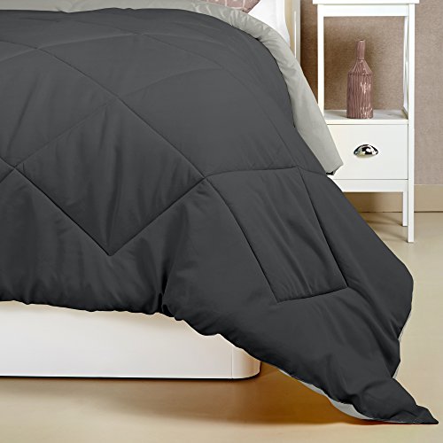Image of Amazon Brand - Solimo Microfibre Reversible Comforter, Single (Pale Grey & Steel Grey, 200 GSM) Solid 144 TC 100% Cotton Double Bedsheet with 2 Pillow Covers, Navy Blue