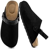 FUDYNMALC Womens Clogs Slip On Shoes: Suede Cork Footbed Mules Women 2025 Potato Slippers with Adjustable Swivel Strap Black