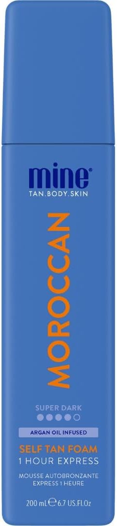 MineTan Moroccan Self Tan Mousse | Tanning Treatments Collection - Super Dark Brown Skin Finish, 1 Hour Instant Express, Argan Oil Infused, Face & Body Fake Tanner Foam, No Orange Tones, 200 ml