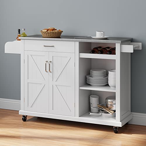 Bolonbi Rolling Kitchen Island With Stainless Steel Top - Kitchen Storage Carts On Wheels, With Cabinets, Drawers, Wine Storage Shelf, For Dining Room, Kitchen, White #TOP6