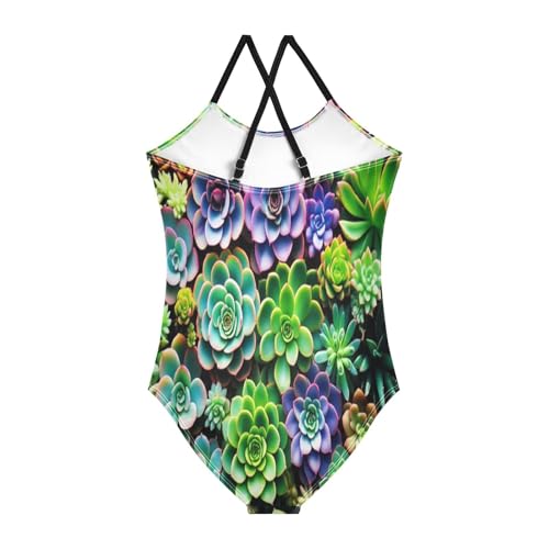 Succulent Plant Colorful Girls' One-Piece Swimwear, Beach Apparel 3-10 Y with Adjustable Shoulder Strap, 3-10 Y2