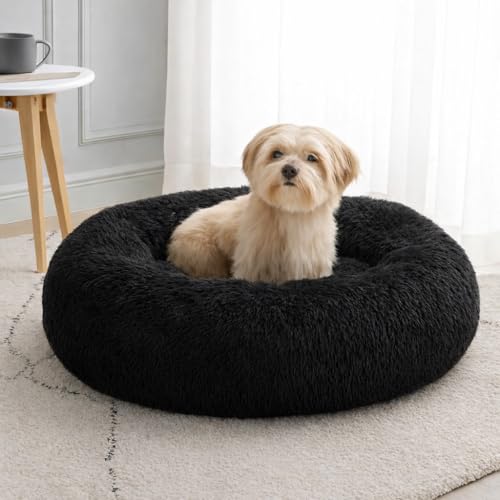 Image of ZEXSAZONE Black Plush Dog Bed Summer - Anti-Anxiety Round Donut Pet Bed with Raised Edges | Soft Faux Fur Calming Bed for Puppies, Cats & Small Dogs | Machine Washable