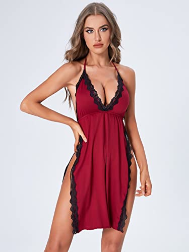 Wdirara Women's Lace Trim Halter Tie Backless Nightgown Chemise Split Night Dress Romantic Burgundy S #TOP5