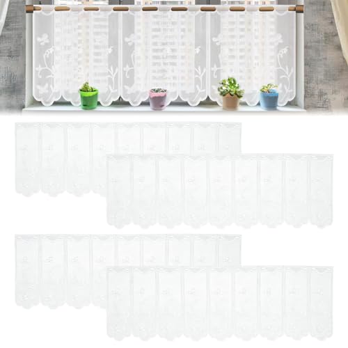 4 Pcs 130*45cm Cortina Ventana Pequeña para Cocina Baño Salon Visillos Cortos de Gasa Modernos Estilo Rústico con Ojales de 2.5cm Blancas Translucidas Bordado Mariposas y Flores Tejido Calado