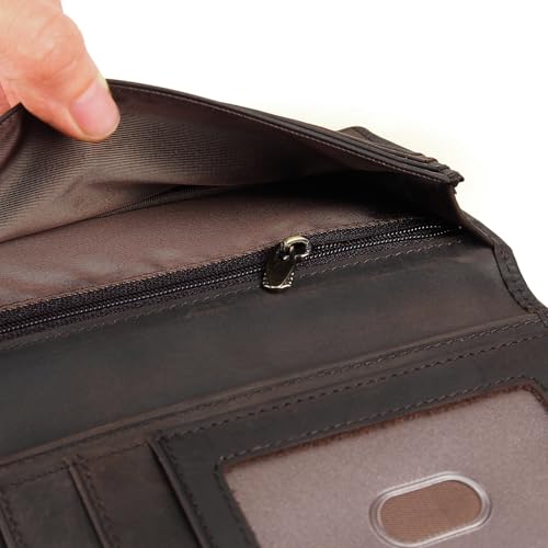 DK86 Skull Long Wallet For Men Full Grain Leather Rfid Blocking Rodeo Wallet Bifold Wallet Skull Wallet, Coffee A4