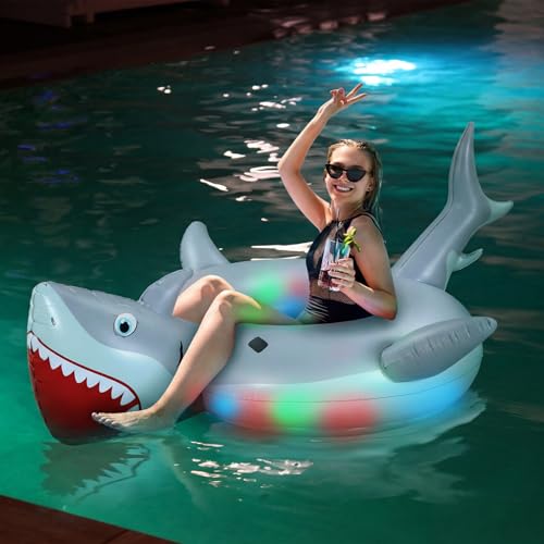 Teyva Daily Shark Inflatable Pool Float with Lights Solar Powered Shark Pool Floaties for Adults 67" Large Swim Tube Ring LED Glow in The Dark Swim Float for Summer Water Beach Lounge Party Supplies - image 1