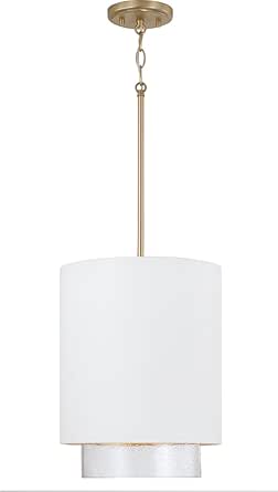 Capital Lighting 353011RE Weller Modern Clear Seeded Glass Metal Shade with Brass Interior Cylindrical Pendant, 1-Light 100 Watt, 20" H x 12" W, Matte Brass and White