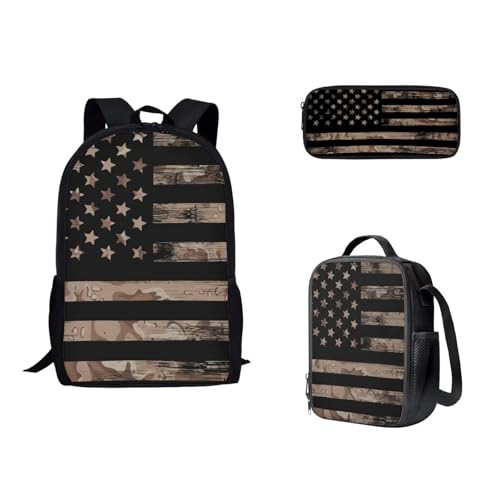 KEIAHUAN American Flag Camo Kids Backpacks Teen Girls Boys School Bookbag Set 3 in 1 Casual Daypacks for Primary Middle School