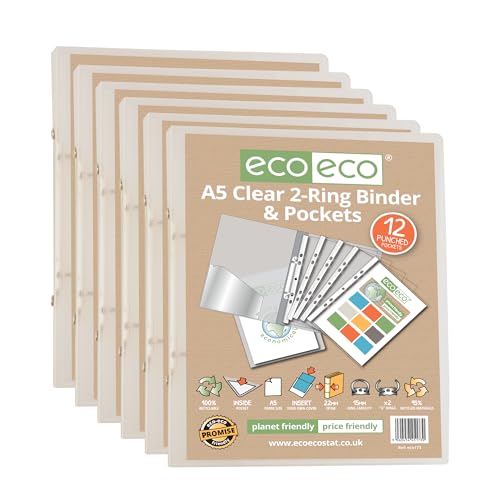 eco-eco A5 65% Recycled Clear Presentation Ring Binder with 12 Multi Punched Pockets, Pack of 6, eco173x6