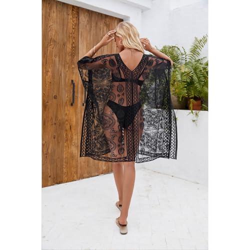 Hykiee Beach Coverups for Women, Plus Size Elegant Lace Kimono Beachwear for Ladies & Girls, Hollow Out Short Sleeve V-Neck Sexy Bikini Swimsuit Beach Cover Up Dress for Holidays Poolside Black - Image 3