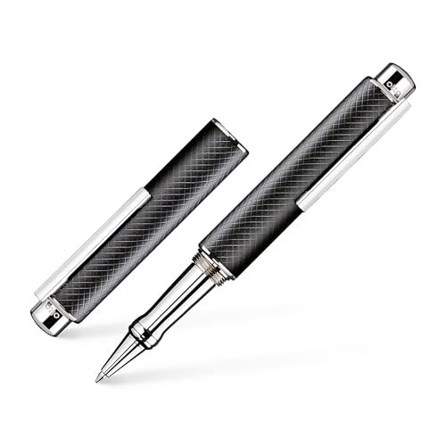 Otto Hutt 001-61988 - Kugelschreiber Design 05, mit hochwertiger Platin Beschichtung und Karo Guillochierung in der Farbe Schwarz - mit Gasdruckmine M, blau