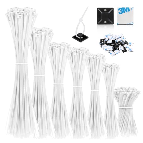 VFANDV Kabelbinder Set 1000 Stück Und 50 Klebesockel, 100/150/200/250/300 mm Halter in Weiß, Selbsthemmend für Kabelmanagement, UV Beständig Gartenarbeit
