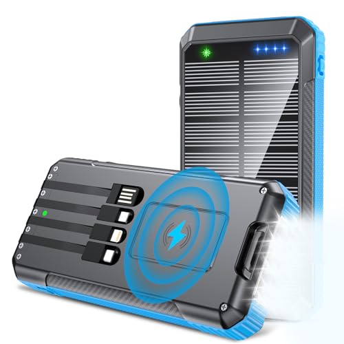 DJKK Solar Power Bank Wireless Charger 33800mAh Built in 4 Cables and LED Camping Lights 22.5W Fast Charging Power Bank 7 Outputs 4 Inputs Portable Charger Compatible with All Mobile Devices (Blue)