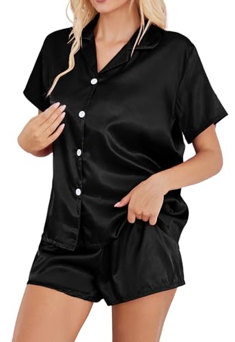 Image of Satin Pajamas for Women Solid Color, Silky PJs Set with Notch Neck & Adjustable Drawstring Shorts