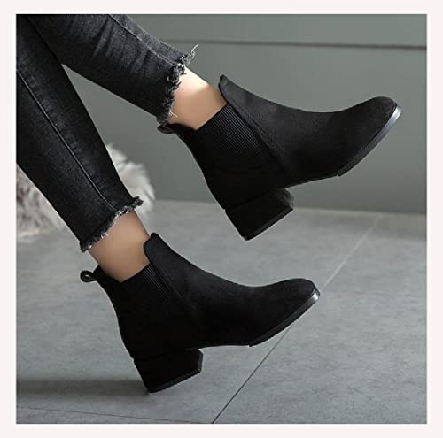 JUNSHANG Botines de Mujer, tacón Medio Alto, Botas Gruesas de Ante bajo para Mujer, Botines de Punta Redonda, Zapatos Informales de Fiesta,Black- 36 Cover