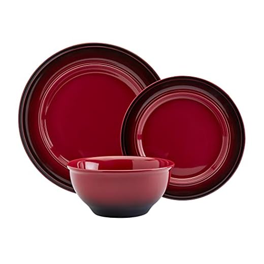 Mason Craft & More Festival Dinnerware Collection- Round Durable Stoneware Bold Colorful Ombre Glaze Plates Bowls, 12 Piece Festival Dinnerware Set in Crimson Red