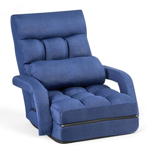 Image of VEVOR Floor Chair, 5 Adjustable Positions Folding Floor Gaming Chair with Back Support, Armrests, and Cushion, Sturdy Metal Frame with Recycled Foam and Linen Fabric, for Reading, Relaxing, Dark Blue