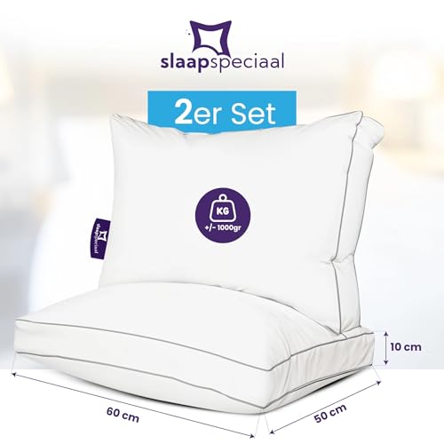 Slaapspeciaal Kopfkissen 60x50cm - Kissen aus Baumwolle-Bezug [2er Set], Ergonomisches Schlafkissen mittlere Festigkeit [Stützt Kopf und Nacken] - Aktive Luftzirkulation