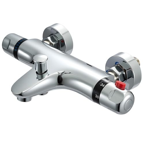 GreenWhim Thermostatic Bath Shower Mixer Tap with Filler Spout Deck Mounted Solid Brass Faucet 38°C Safety Anti-Scald Chrome Finish Modern Bathroom 180mm (1)