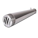 Maße: Gesamtlänge 445mm, Durchmesser Einlass 44mm, Auslass 115mm. Krümmeranschluss 45mm Durchmesser, durch Einsätze änderbar auf 43, 40 und 38 mm. Anbau des Auspuffs auf rechter oder linker Seite möglich (Halterung um 180 Grad drehbar).