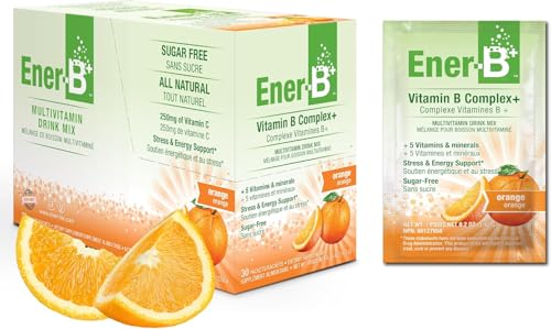 Ener-B+ Sugar Free Multivitamin Drink Mix - Instant Vitamin Packets, Electrolyte Powder Sticks, Hydration Booster, Vitamin B Supplement Liquid for Men and Women - Orange, 30 Count