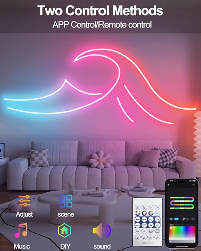 Image of RGB Neon LED Strip Lights 5M with App & Remote Control, Music Sync Color Changing LED Lights for Bedroom, Gaming Room, TV Backlight, Desk, Home Decor, USB Powered Flexible Mood Lighting