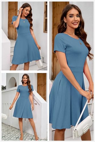 Image of Newshows Womens 2025 Summer Dresses Short Sleeve Ribbed Knit A-Line Swing Beach Vacation Outfits Casual Sundress with Pockets
