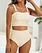 High Waisted Bandeau Bikini Set - Women Strapless Two Piece Swimsuits Ribbed Longline Full Coverage Bathing Suits Swimwear Beige