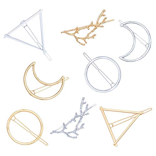 Fani 8pcs Minimalist Dainty Hollow Geometric Gold Silver Metal Hair Clip Hairpin Clamps,Tree Branches,Circle, Triangle,Moon Shapes Hair Accessories