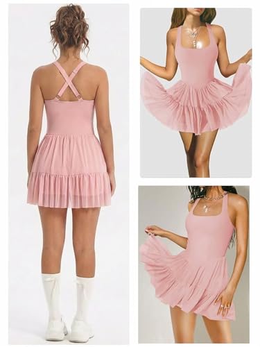 Jinsha Tenniskleid Damen Tüllstoff Minikleid mit Integriertem BH und Shorts Taschen - Ärmellos Sportkleid A-Linie Schwarz Weiß Polokleid Golfkleid Tennis Outfit Damen Gym Golf Sport Kleid