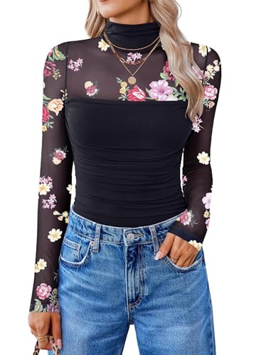 Image of Avidlove Women Long Sleeve Bodysuit Turtle Neck Shapewear Body Suits Mesh One Piece Leotard Shirt Going Out Tops Fall Outfits