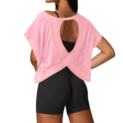 Image of UNIANKIYA Open Back Workout Tops for Women Loose Fit Athletic Crop Tee Short Sleeve Gym Running Yoga Shirt