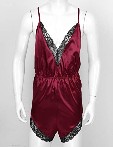 Lejafay Sissy Mens Adult Satin Lingerie Open Back Romper Bodysuit Crossdressing Nightwear Pajamas2
