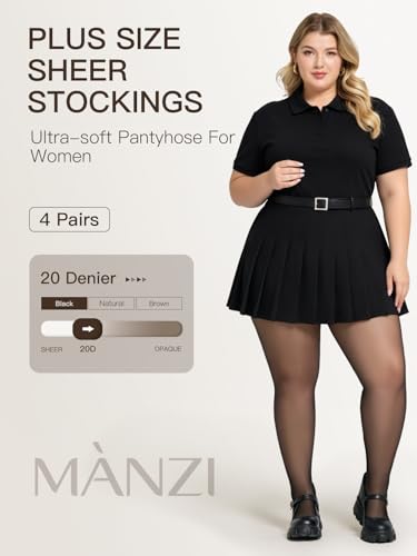 Image of MANZI Women's Plus Size Pantyhose 4 Pairs Sheer Nylon Tights