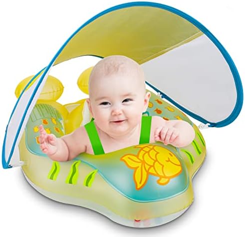 Sloosh Baby Swimming Float with Detachable Sun Canopy, Goldfish Pattern Inflatable Baby Pool Floats, Toddler Baby Swim Floatie for Pool, Bathtub, Outdoor Water Fun for Age Up to 36 Months（L）