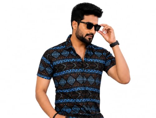 Image of LookMark Men's Stylish Lycra Blend Half Sleeve Shirt with Spread Collar - Featuring Trendy Prints for Casual Wear