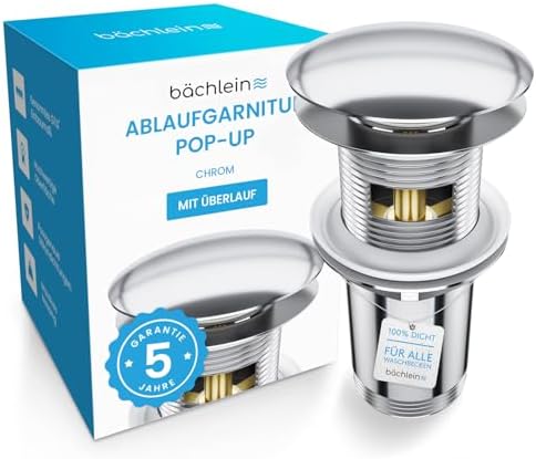 Bächlein Universal Ablaufgarnitur mit Überlauf – Chrom | Universal Pop Up Ablauf-Ventil aus Messing – Abflussgarnitur für Waschbecken und Waschtisch mit Überlauf – Push-Push-Funkti