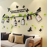 EXCEREY 小鳥と葉のフォトフレーム ウォールステッカー 3D立体 エコアクリル DIYデコレーション 壁貼り 壁紙 壁面装飾 7種類の壁面に対応 お洒落なリビングや寝室に ブラック枝+ライトグリーン葉 250*103(大)