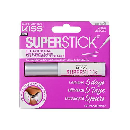 KISS Super Stick Wimpernkleber 5-Tage verlängerte Tragedauer, schnell trocknender Wimpernkleber, angereichert mit Hamamelis- und Kaktusextrakt, Pinselapplikator, Netto 4.8g (0.17 oz.), transparent