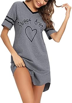 Litherday Nachthemd voor dames, korte nachtkleding, strepen, nachtjurk van 95% katoen, loungewear, negligé, korte mouwen, slaapshirt met 2 zakken, rood/wit., L