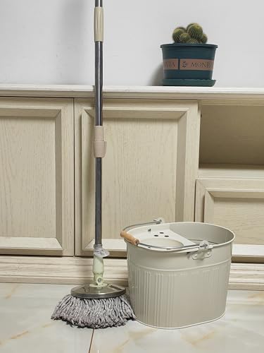 Cubo de acero galvanizado para fregona de 13 litros, grande, industrial, galvanizado, reforzado, resistente, grueso, de acero para limpieza general en casa, oficina (blanco roto)