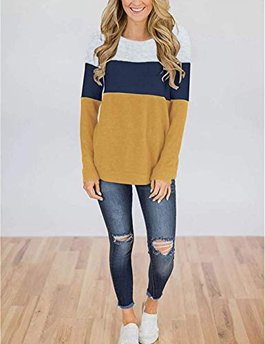Locryz Womens Color Block Long Sleeve Round Neck Shirts Pullover Sweatshirt Tops (S, 06 Yellow)